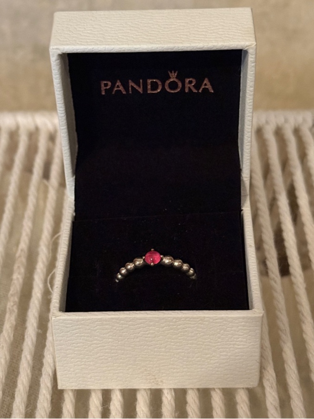 NWOT Pandora Silver Beaded Ring with Pink Stone